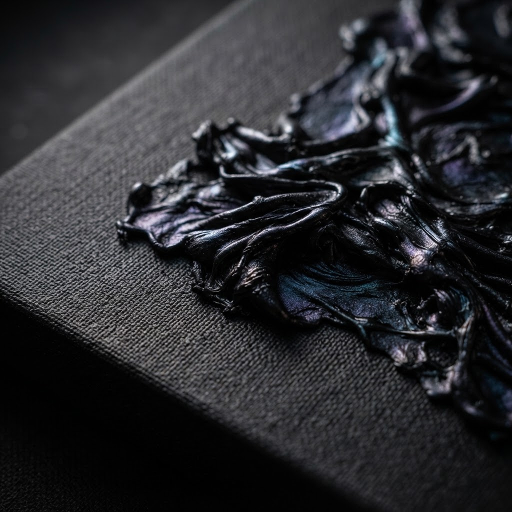 Macro detail of the Obsidian Bloom canvas — matte weave carrying folds of black liquid metal with faint violet and cyan iridescence
