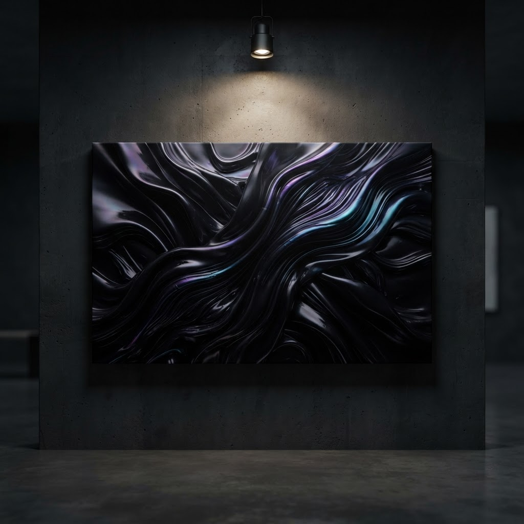 Obsidian Bloom concept canvas hanging on a dark wall under a single museum spotlight