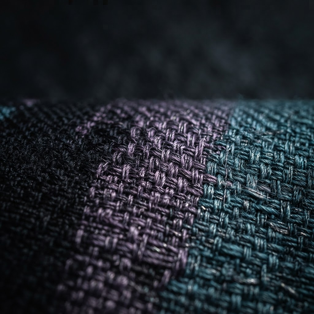 Macro detail of the Vellum Drift weave — individual violet and cyan threads crossing an ink-black warp
