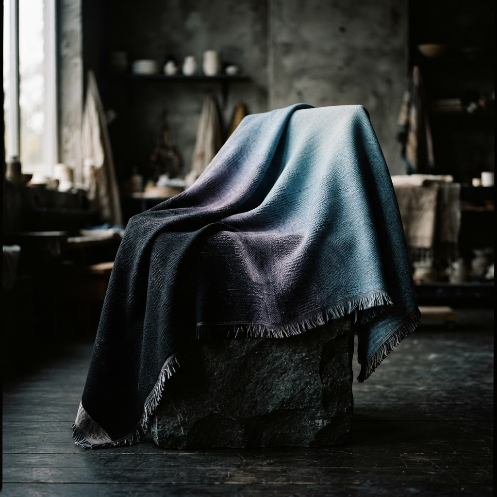 Vellum Drift concept woven throw draped over a dark stone plinth