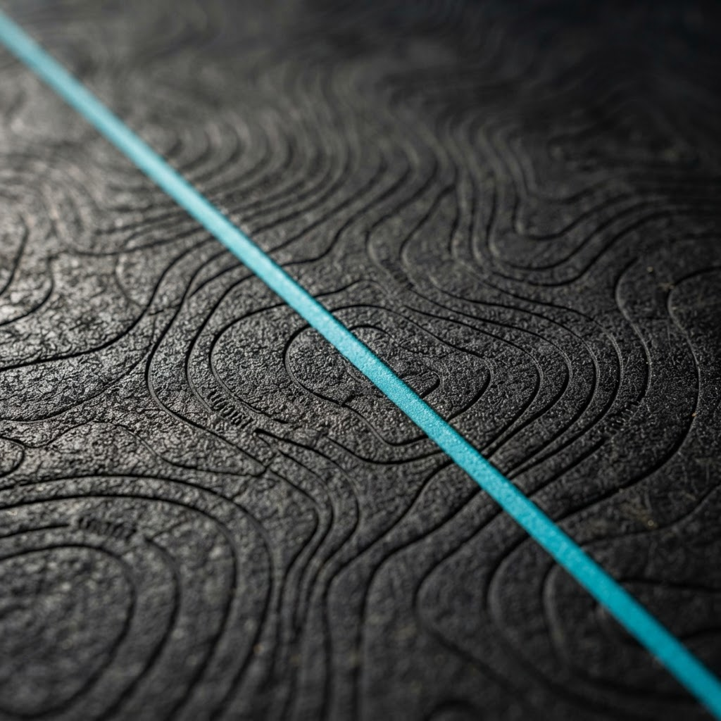 Macro detail of the Meridian mat surface — engraved contour lines crossed by a thin cyan accent
