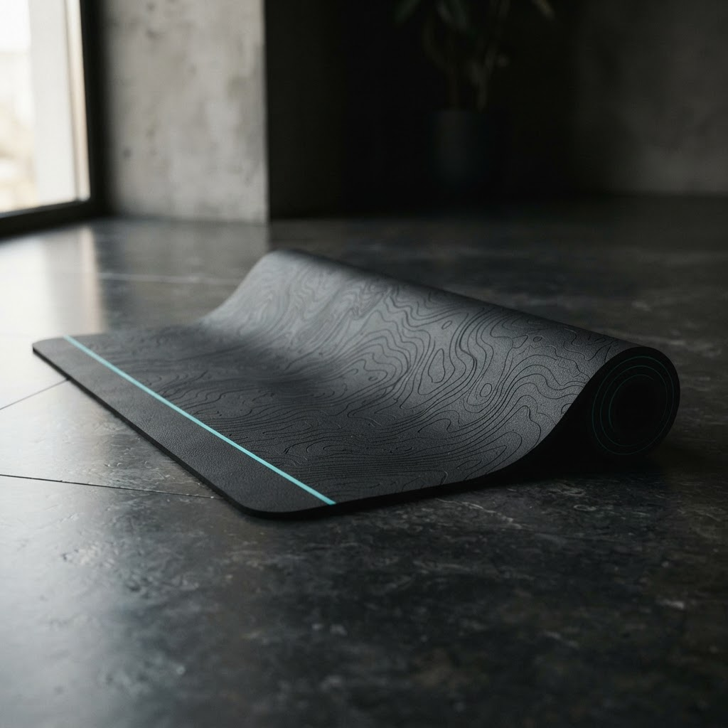 Meridian concept yoga mat unrolling across dark stone with tone-on-tone topographic contours